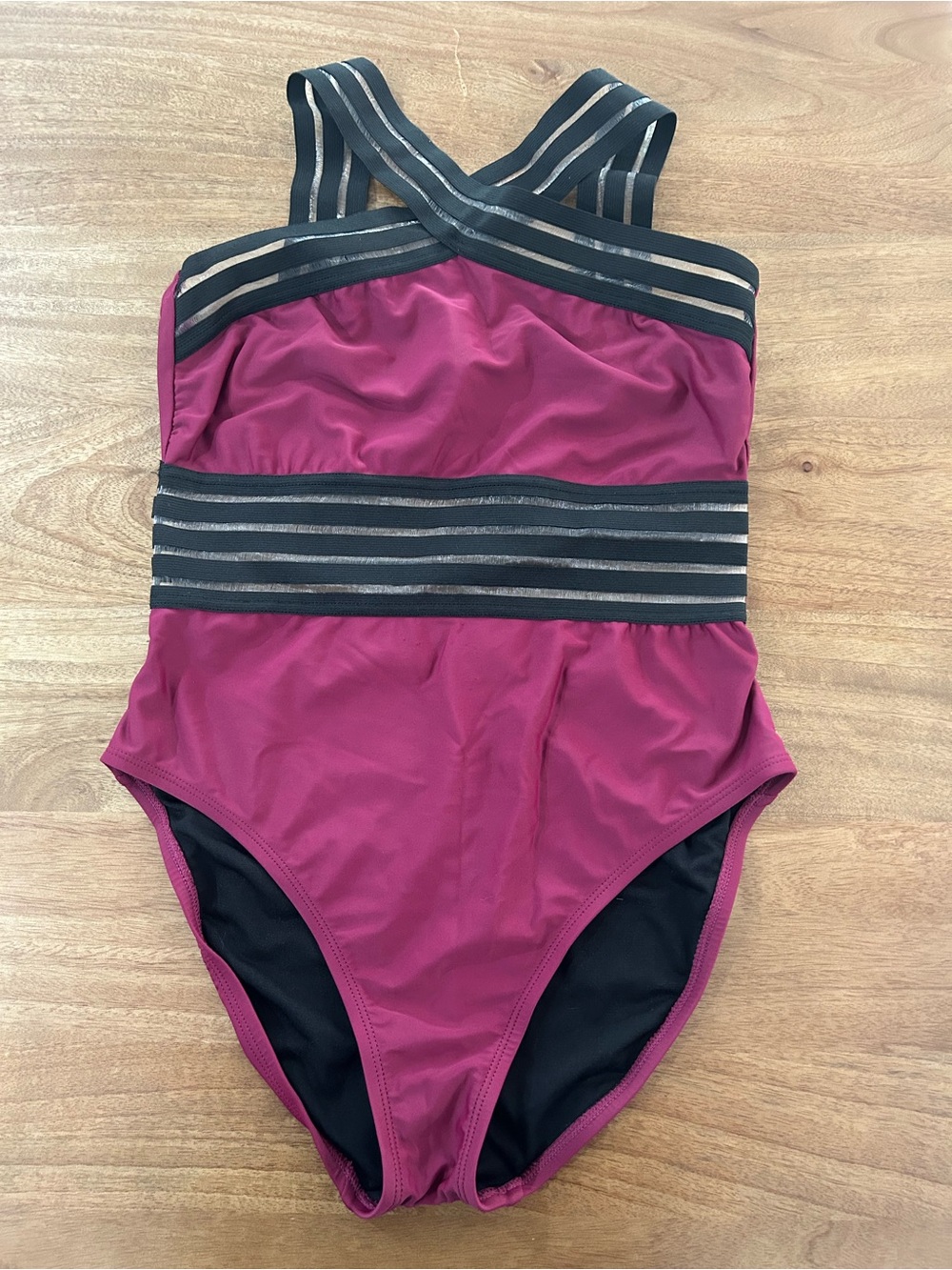 Cross-Strap Plum One-Piece Swimsuit with Sheer Waist Panels - Picture 7 of 8